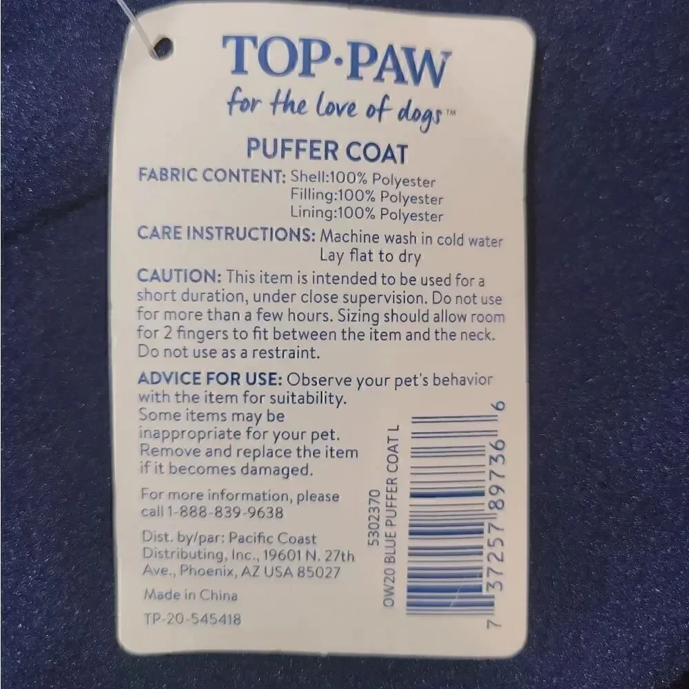 NWT Top Paw Blue Puffer Coat for Dogs L